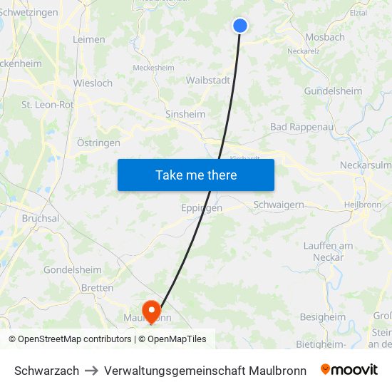 Schwarzach to Verwaltungsgemeinschaft Maulbronn map