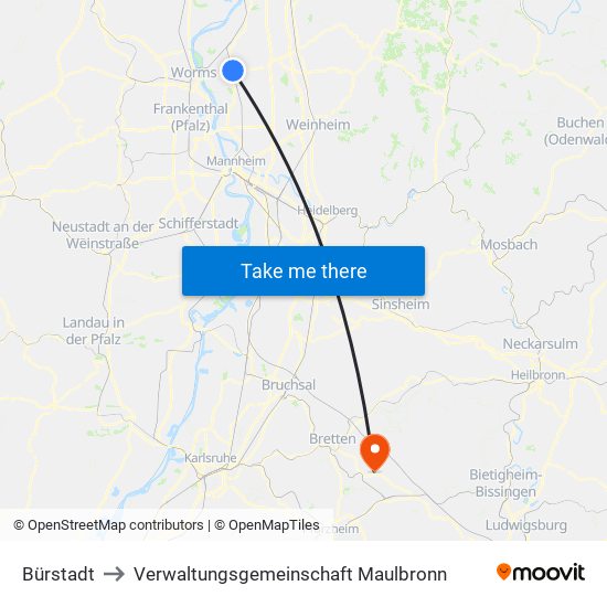 Bürstadt to Verwaltungsgemeinschaft Maulbronn map
