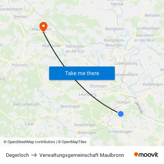 Degerloch to Verwaltungsgemeinschaft Maulbronn map