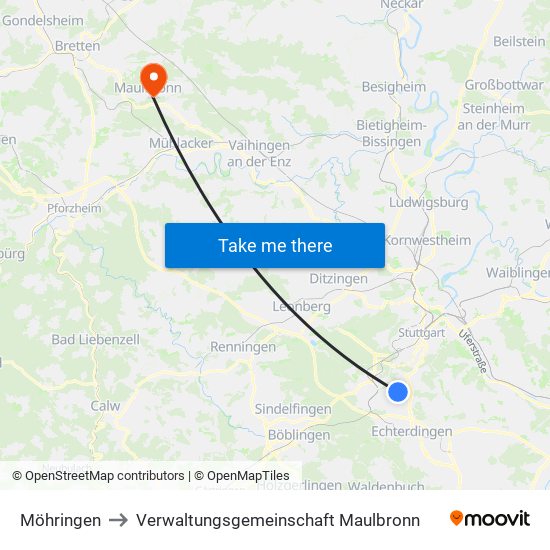 Möhringen to Verwaltungsgemeinschaft Maulbronn map