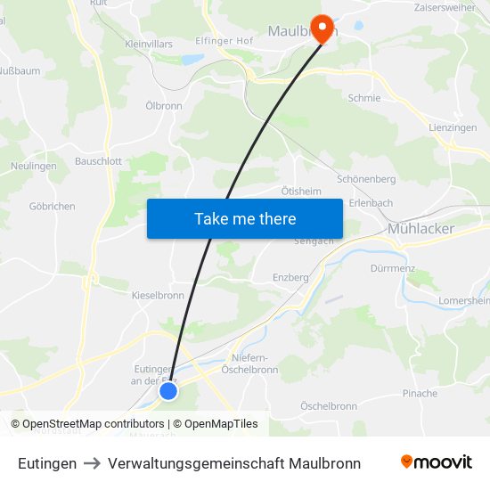 Eutingen to Verwaltungsgemeinschaft Maulbronn map