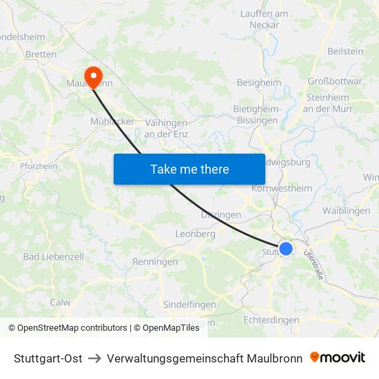 Stuttgart-Ost to Verwaltungsgemeinschaft Maulbronn map