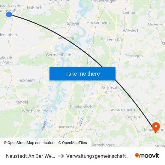 Neustadt An Der Weinstraße to Verwaltungsgemeinschaft Maulbronn map