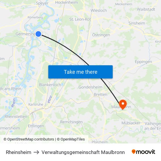 Rheinsheim to Verwaltungsgemeinschaft Maulbronn map