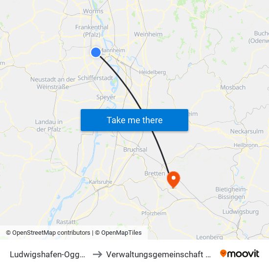 Ludwigshafen-Oggersheim to Verwaltungsgemeinschaft Maulbronn map