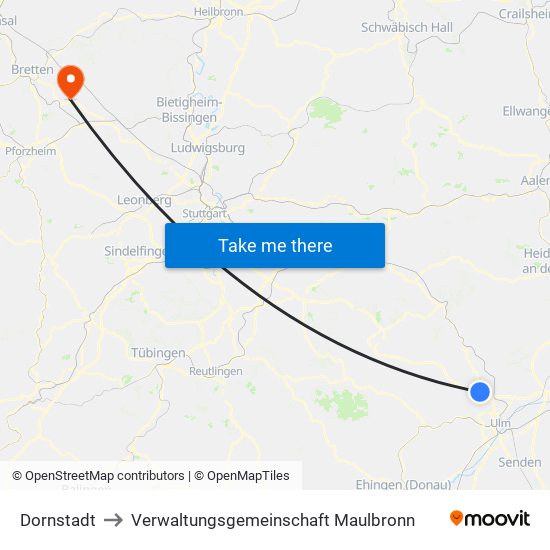 Dornstadt to Verwaltungsgemeinschaft Maulbronn map