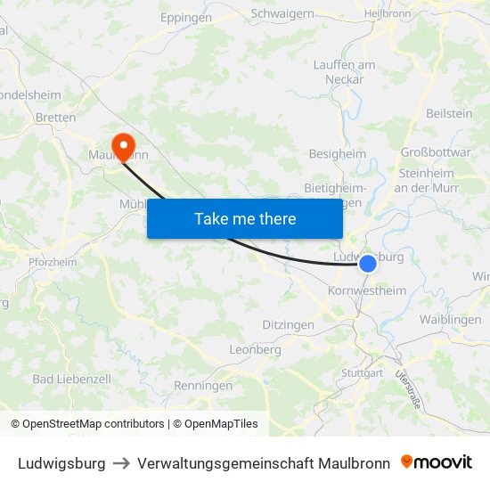 Ludwigsburg to Verwaltungsgemeinschaft Maulbronn map