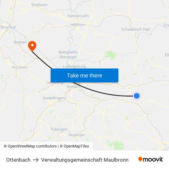 Ottenbach to Verwaltungsgemeinschaft Maulbronn map