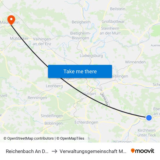 Reichenbach An Der Fils to Verwaltungsgemeinschaft Maulbronn map