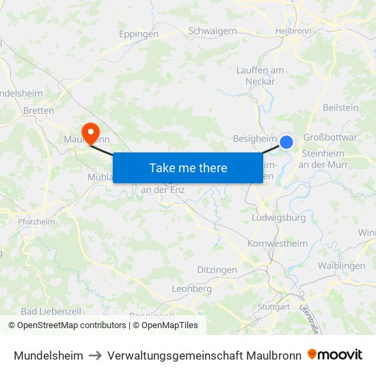Mundelsheim to Verwaltungsgemeinschaft Maulbronn map