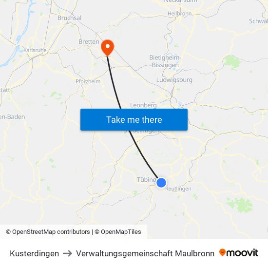 Kusterdingen to Verwaltungsgemeinschaft Maulbronn map