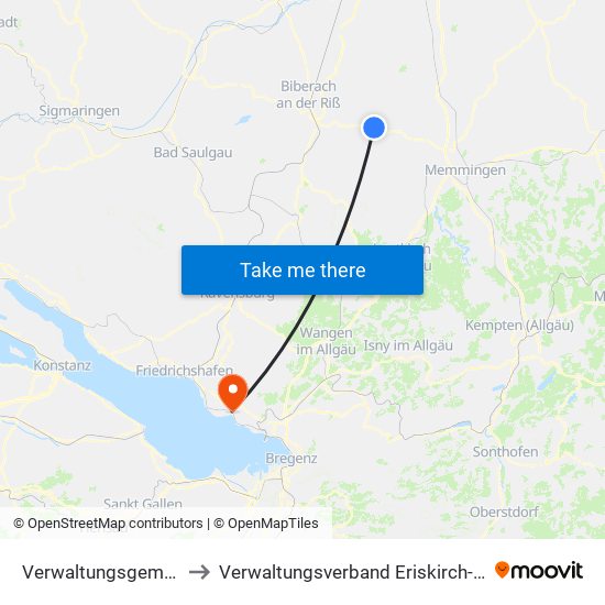 Verwaltungsgemeinschaft Ochsenhausen to Verwaltungsverband Eriskirch-Kressbronn am Bodensee-Langenargen map