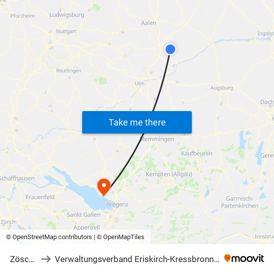 Zöschingen to Verwaltungsverband Eriskirch-Kressbronn am Bodensee-Langenargen map