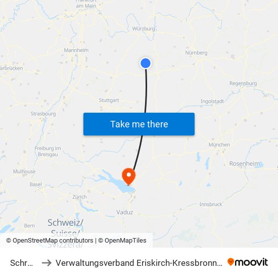 Schrozberg to Verwaltungsverband Eriskirch-Kressbronn am Bodensee-Langenargen map