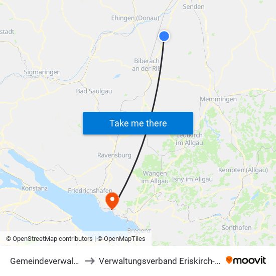 Gemeindeverwaltungsverband Laupheim to Verwaltungsverband Eriskirch-Kressbronn am Bodensee-Langenargen map