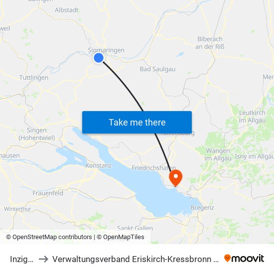 Inzigkofen to Verwaltungsverband Eriskirch-Kressbronn am Bodensee-Langenargen map