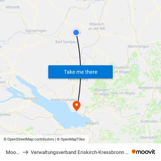 Moosburg to Verwaltungsverband Eriskirch-Kressbronn am Bodensee-Langenargen map