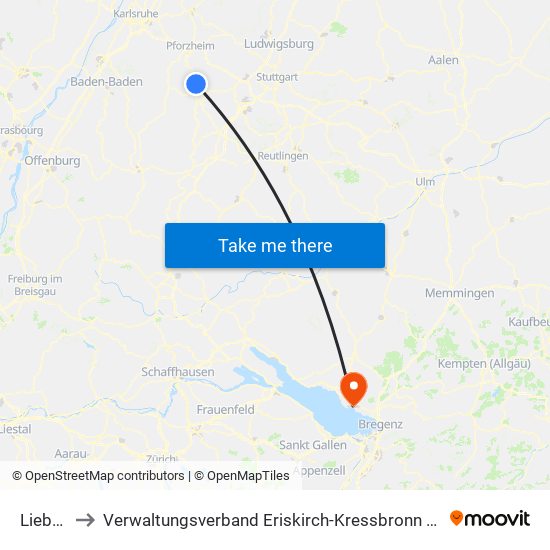 Liebenzell to Verwaltungsverband Eriskirch-Kressbronn am Bodensee-Langenargen map