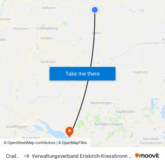 Crailsheim to Verwaltungsverband Eriskirch-Kressbronn am Bodensee-Langenargen map