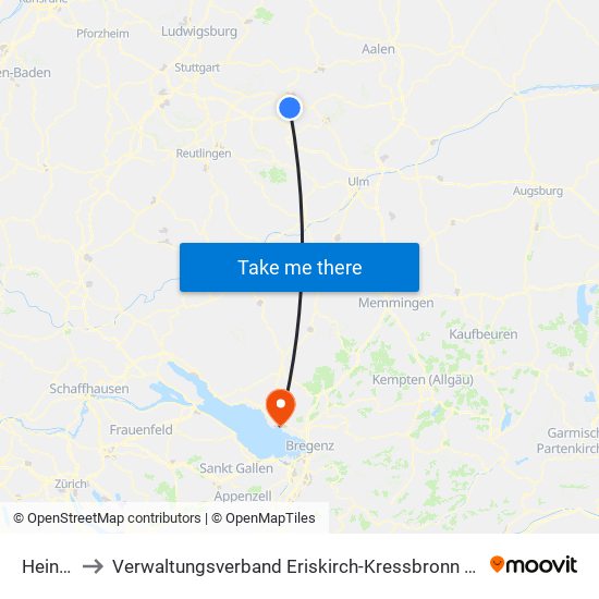 Heiningen to Verwaltungsverband Eriskirch-Kressbronn am Bodensee-Langenargen map