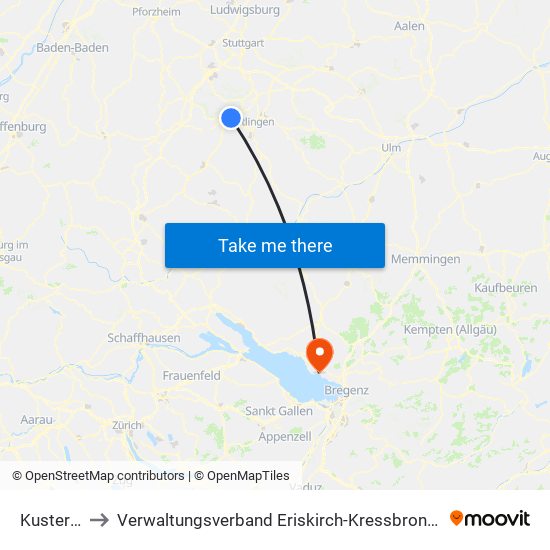 Kusterdingen to Verwaltungsverband Eriskirch-Kressbronn am Bodensee-Langenargen map