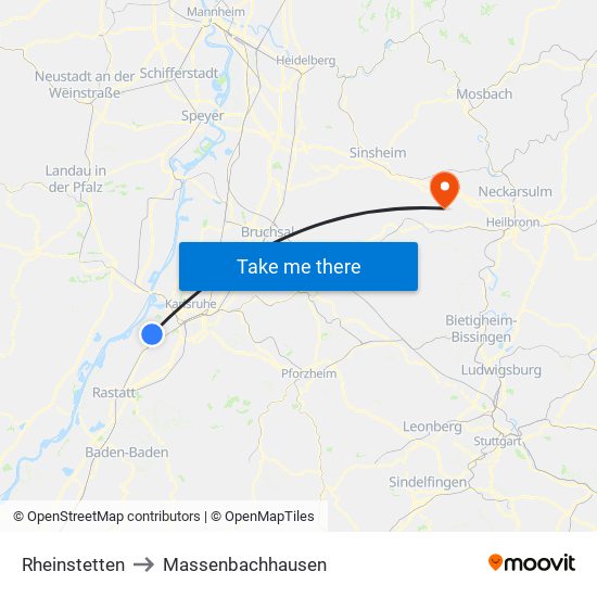 Rheinstetten to Massenbachhausen map