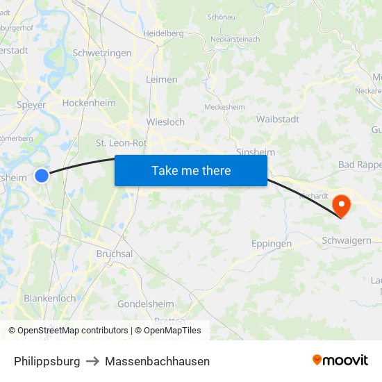 Philippsburg to Massenbachhausen map