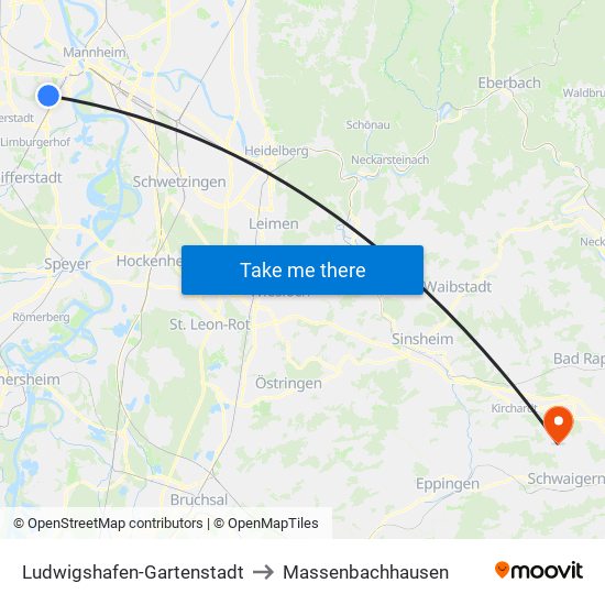 Ludwigshafen-Gartenstadt to Massenbachhausen map