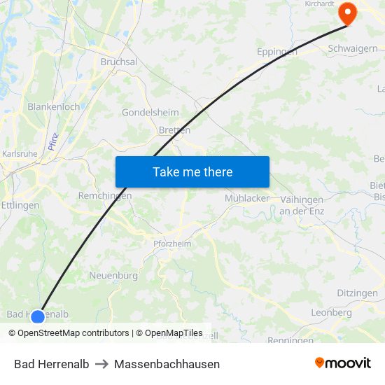 Bad Herrenalb to Massenbachhausen map