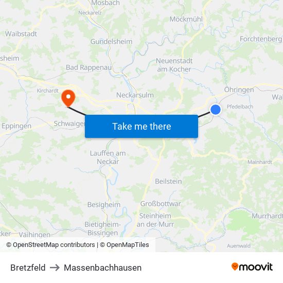 Bretzfeld to Massenbachhausen map