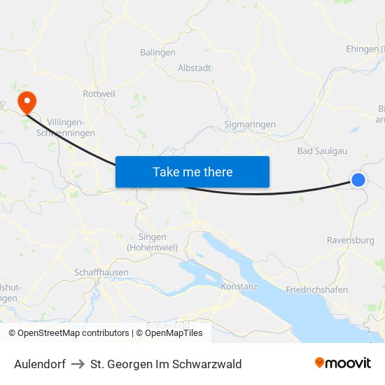 Aulendorf to St. Georgen Im Schwarzwald map