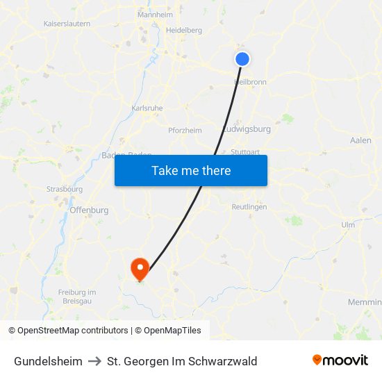 Gundelsheim to St. Georgen Im Schwarzwald map