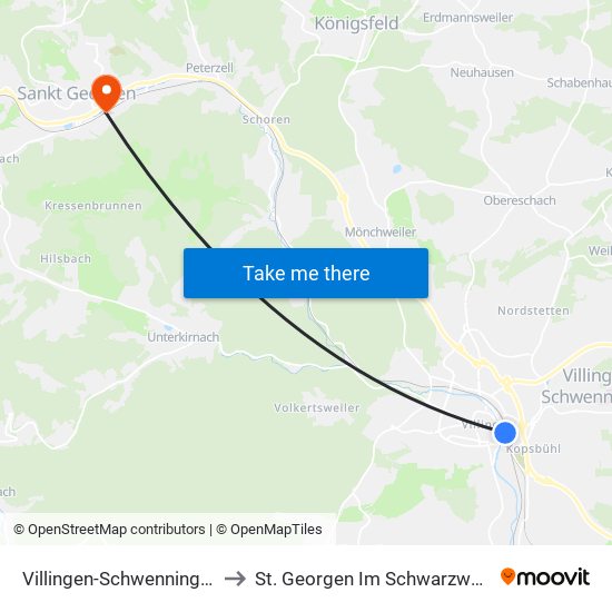 Villingen-Schwenningen to St. Georgen Im Schwarzwald map