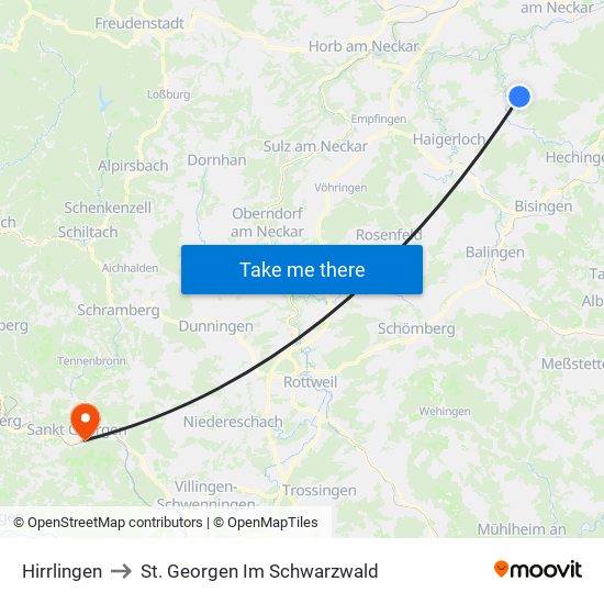 Hirrlingen to St. Georgen Im Schwarzwald map