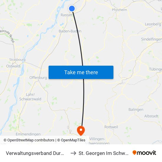 Verwaltungsverband Durmersheim to St. Georgen Im Schwarzwald map