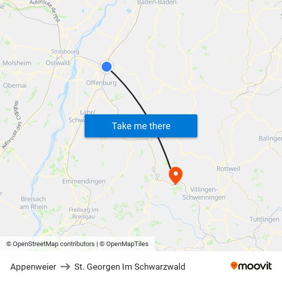 Appenweier to St. Georgen Im Schwarzwald map