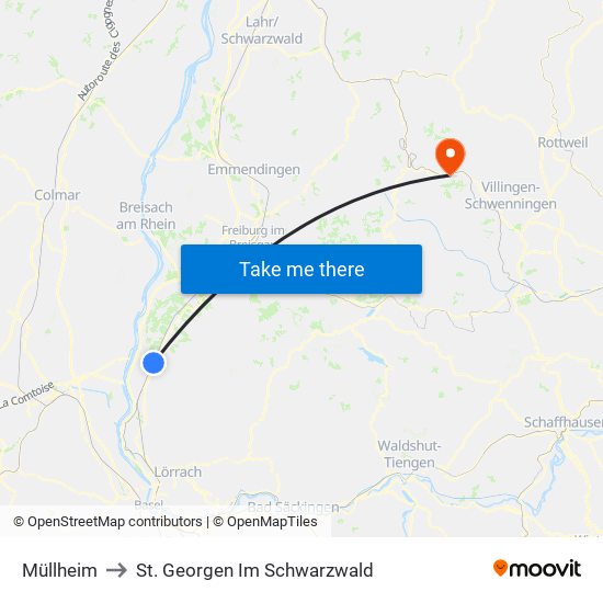 Müllheim to St. Georgen Im Schwarzwald map