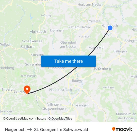 Haigerloch to St. Georgen Im Schwarzwald map