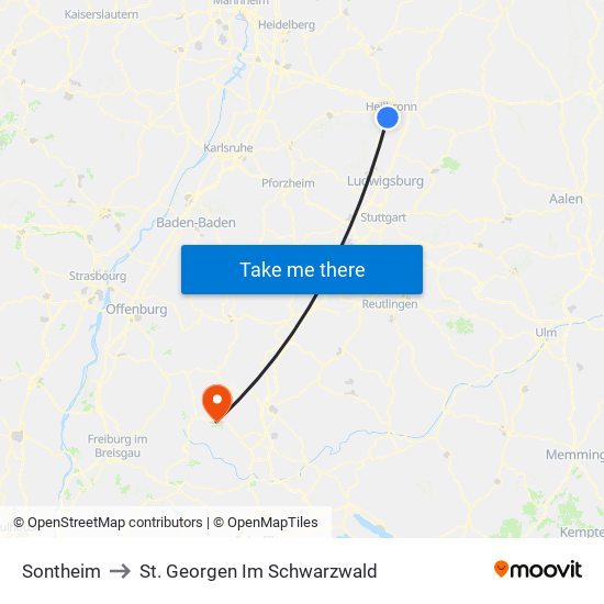 Sontheim to St. Georgen Im Schwarzwald map