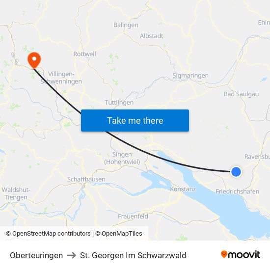 Oberteuringen to St. Georgen Im Schwarzwald map