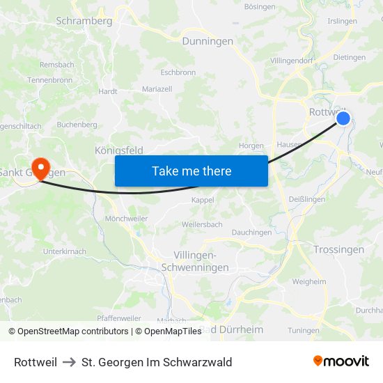 Rottweil to St. Georgen Im Schwarzwald map