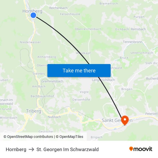 Hornberg to St. Georgen Im Schwarzwald map