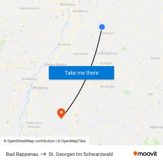 Bad Rappenau to St. Georgen Im Schwarzwald map