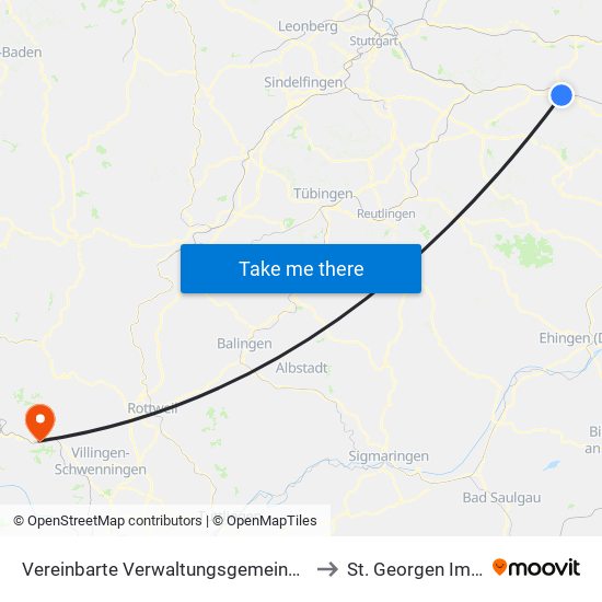 Vereinbarte Verwaltungsgemeinschaft Der Stadt Göppingen to St. Georgen Im Schwarzwald map