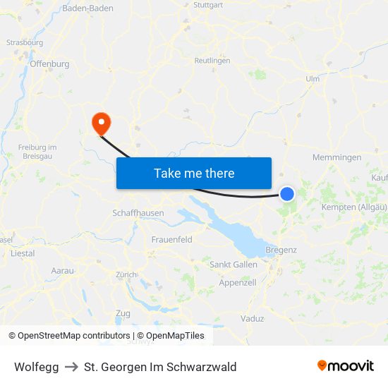 Wolfegg to St. Georgen Im Schwarzwald map