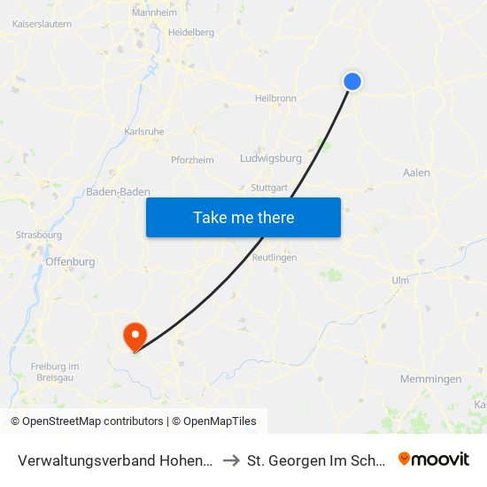 Verwaltungsverband Hohenloher Ebene to St. Georgen Im Schwarzwald map