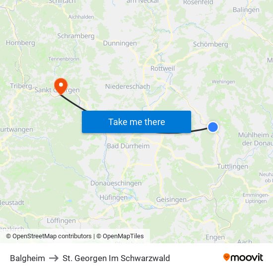 Balgheim to St. Georgen Im Schwarzwald map