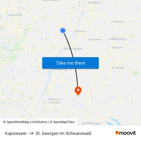 Kapsweyer to St. Georgen Im Schwarzwald map