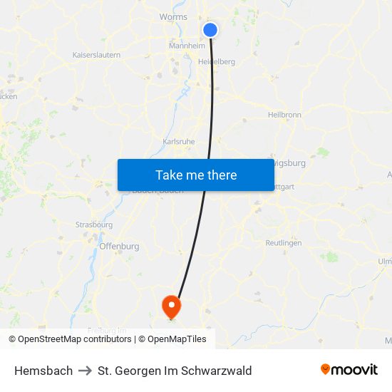 Hemsbach to St. Georgen Im Schwarzwald map