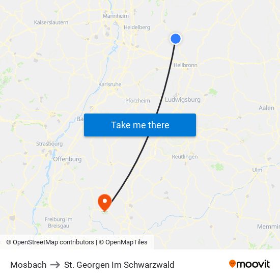 Mosbach to St. Georgen Im Schwarzwald map